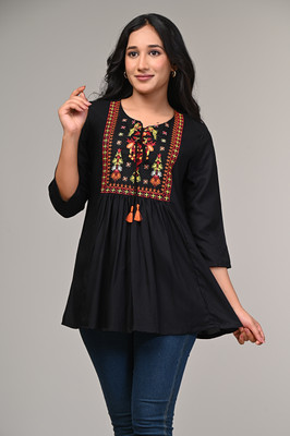 khwaishein Casual Embroidered Women Black Top