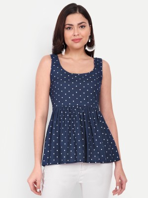 HANUMNTRA Party Sleeveless Polka Print Women Blue Top