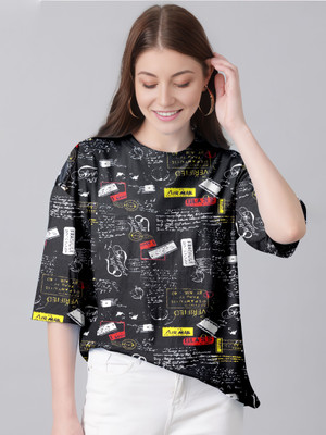 tulsi enterpries Printed Women Round Neck Black T-Shirt
