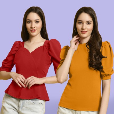 Fabflee Casual Solid Women Yellow, Red Top