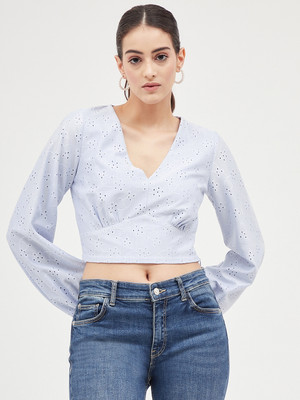 HARPA Casual Solid, Self Design Women Blue Top