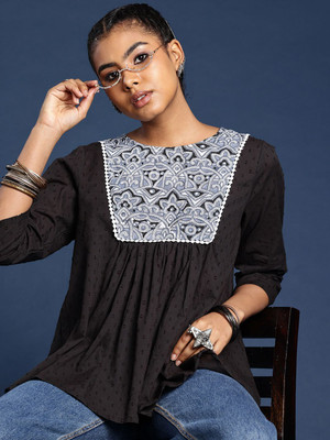 Taavi Casual Embroidered Women Black Top