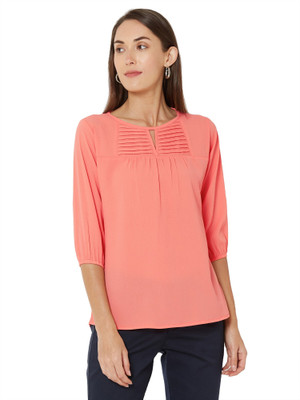 GO.4.IT Casual 3/4 Sleeve Solid Women Orange Top