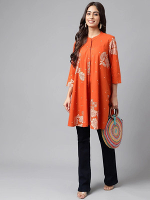 Janasya Casual Floral Print Women Orange Top