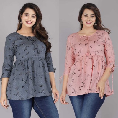 welcomekurti Casual Printed Women Pink, Dark Blue Top