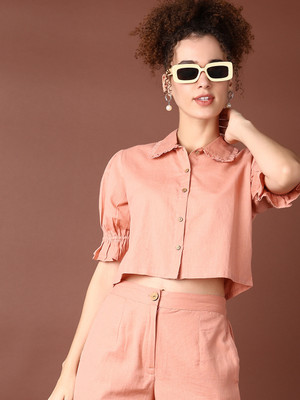 V-MART Casual Solid Women Pink Top