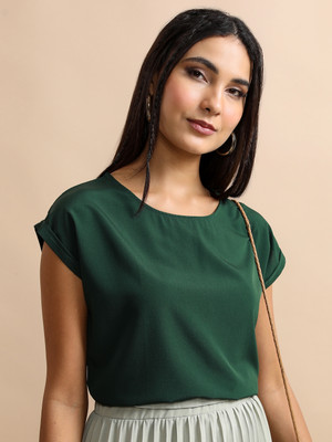Tokyo Talkies Casual Solid Women Dark Green Top