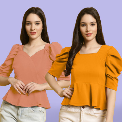 Fabflee Casual Solid Women Yellow, Orange Top
