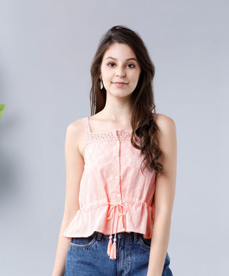Tokyo Talkies Casual Sleeveless Solid Women Pink Top
