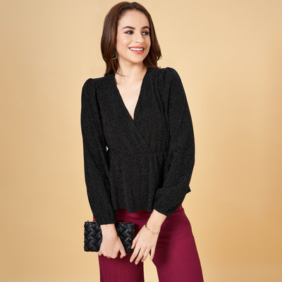 PEOPLE Casual Self Design Women Black Top