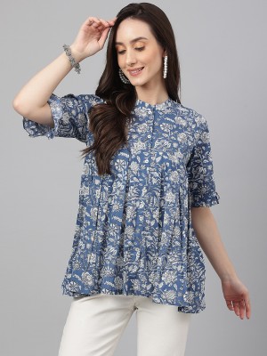 Janasya Casual Printed Women Blue Top