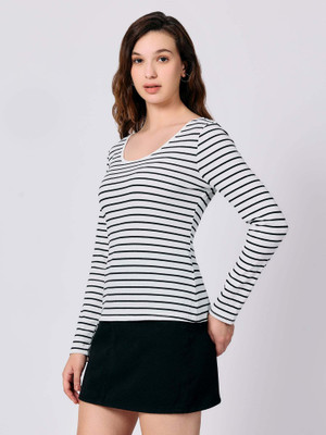 OUTZIDR Casual Striped Women White, Black Top