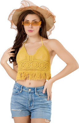 Fabme Beach Wear Self Design Women Yellow Top