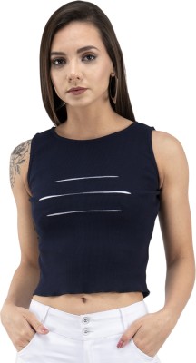 FAIRIANO Casual Sleeveless Solid, Self Design Women Dark Blue Top