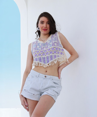 Boho By Athena Casual Geometric Print Women Blue Top