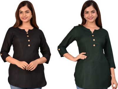 Ejish Casual Solid Women Black, Green Top