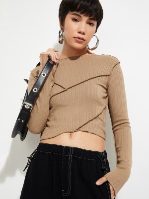 max Casual Striped Women Brown Top