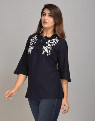 IQRAAR Casual 3/4 Sleeve Embroidered Women Dark Blue Top