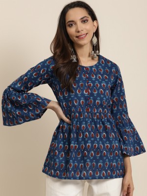 Yash Gallery Party Bell Sleeve Printed Women Blue Top