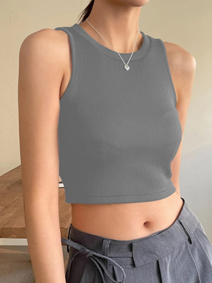 CILIMILI Casual Solid Women Grey Top
