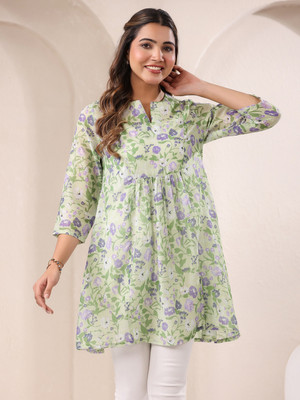 Janasya Casual Floral Print Women Green Top