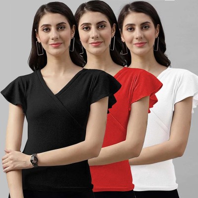 LIME Casual Solid Women Black, Red, White Top