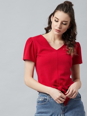 ATHENA Casual Puff Sleeve Solid Women Red Top