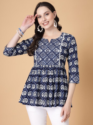 God Bless Casual Printed Women Blue Top