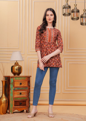 Krinya Women Printed Straight Kurta(Blue)