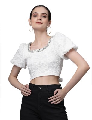 GLOBAL REPUBLIC Casual Embroidered Women White Top
