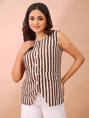 Dressberry Formal 3/4 Sleeve Striped Women Brown Top