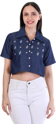 YES TEN Casual Embroidered, Self Design Women Dark Blue Top