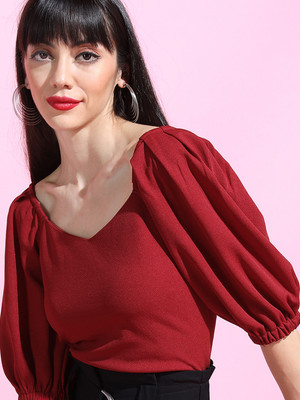 Tokyo Talkies Casual Solid Women Maroon Top