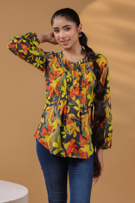 Rain & Rainbow Casual Floral Print Women Black Top