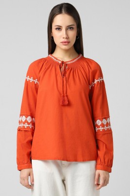 VAN HEUSEN Casual Embroidered Women Orange Top