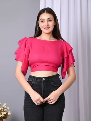 IQRAAR Casual Solid Women Pink Top