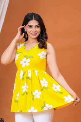 Dagar Casual Floral Print Women Yellow Top