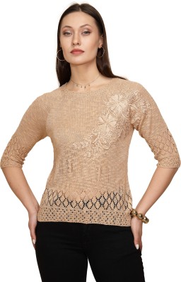 GLOBAL REPUBLIC Casual Embroidered Women Beige Top