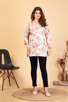 MANTRA DESIGNER Casual Floral Print Women Beige Top