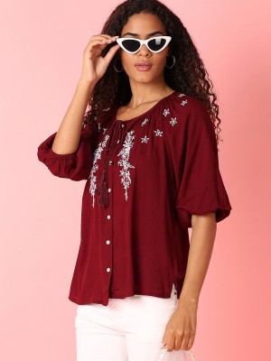 V-MART Casual Embroidered Women Maroon Top