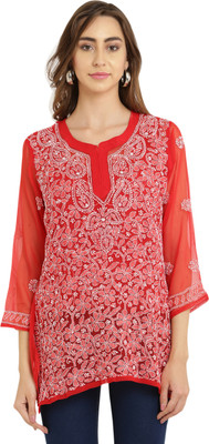 FIIZA Casual Embroidered Women Red, White Top