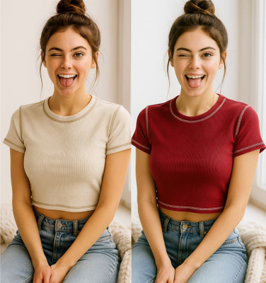 Crezystyl Casual Self Design Women Beige, Maroon Top
