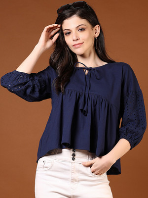 V-MART Casual Solid Women Blue Top
