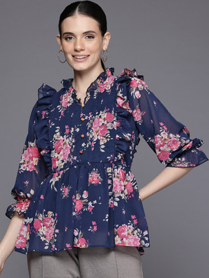 Dream Tree Casual Floral Print Women Blue Top
