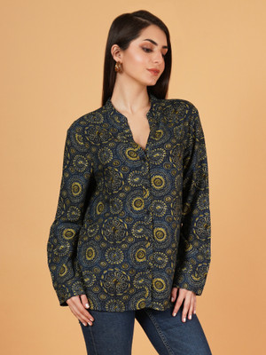 9 impression Women Printed Casual Blue Shirt