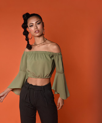 Chimpaaanzee Casual Bell Sleeve Solid Women Green Top