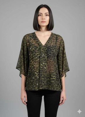MultiCollection Casual Animal Print Women Green, Brown Top