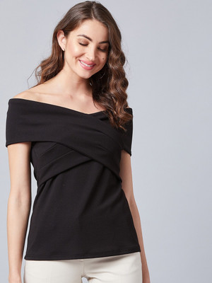 ATHENA Casual Regular Sleeve Solid Women Black Top