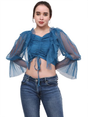 TJ CREATION Casual Solid Women Blue Top