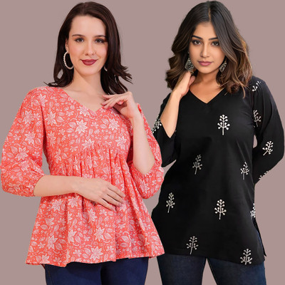 Dream Beauty Fashion Casual Printed Women Pink, Black Top